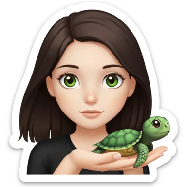 pretty girl, she has dark brown hair, long and straight, grayish green eyes, and long eyelashes, the girl has freckles and pale skin, she’s wearing black top and holding a turtle in her hand  sticker