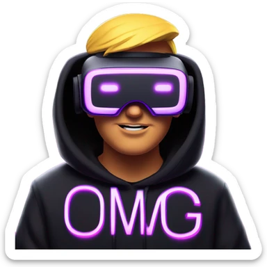 Donald Trump wearing a black hoodie with "OMG" letters on it and VR headset oculus quest 2 in a cyberpunk VR environment with violet neon lighting. sticker