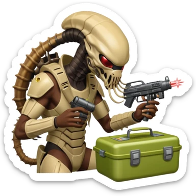 The Predator, as in the 1987 movie, with full armor, laser gun and mask eating an Alien facehugger from a lunchbox, the setting should be dark and sci-fi. sticker