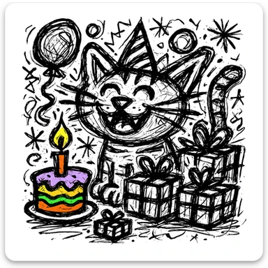 Make the birthday cake more colorful while keeping the chaotic outlined style and all other elements intact sticker