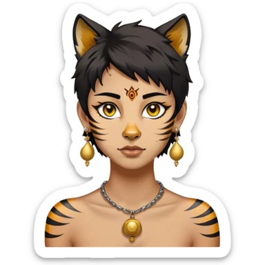 His natural black hair is styled in a messy wolf cut with yellow streaks throughout. He has a beauty mark under the right side of his sandy-colored eyes and a tiger tattoo extending from his neck to his shoulder and chest. Kazutora also wears a drop earring with a bell ornament at its tip. sticker