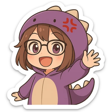 Chibi anime style gamer girl with glasses, brown hair, dark purple eyes, wearing a purple dinosaur costume, waving pose, happy expression, no controller, no background, same style as reference. sticker