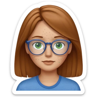 Create an emoji of a girl with light brown hair medium length hair, green eyes, freckles, glasses and wearing a blue shirt sticker