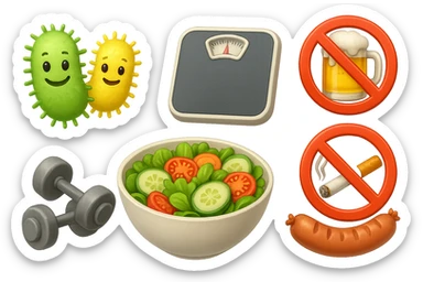 emoji stile iphone di: due batteri intestinali felici, una bowl di insalata, una bilancia pesapersone, manubri da palestra, e un boccale di birra con divieto 3d sopra, una sigaretta con divieto 3d sopra e un wurstel con divieto 3d sopra, fluttuano in aria, iperrealistico 4k sticker