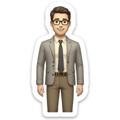 Full height Pale skinned fit man with dark brown hair in gray jacket, beige office shirt, brown tie, brown pants and vintage glasses. His right hand stretched out sticker