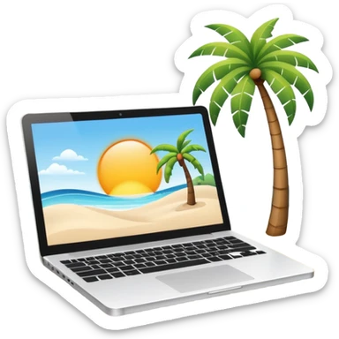 A minimalist emoji-style icon representing workation: An open laptop in the foreground on the beach. Background shows sea, sun, and a palm tree. No people, no text, clean and simple design like an emoji. sticker