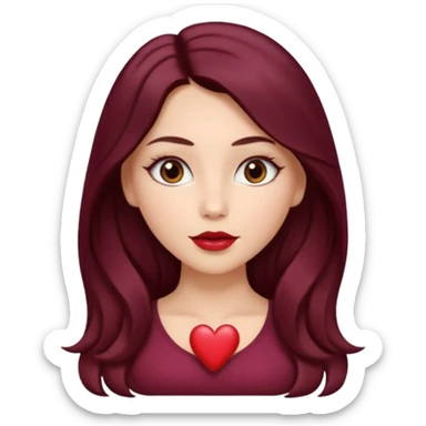 young white woman 
brown almond eyes
heart shaped lips
Long waist-long hair, center parted
slightly wavy
dark burgundy hair\ sticker