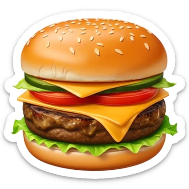 Cinematic juicy cheeseburger, perfectly grilled patty, melted cheese, crisp lettuce, tomatoes, and pickles, soft sesame seed bun, glossy and rich, warm glowing background, ultra-detailed and appetizing. sticker