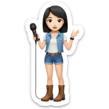Crie uma cantora morena charmosa de shortes top e bota com microfone branca e cabelo preto sticker