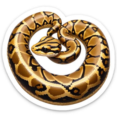 A photo-realistic top-down view of a Ball Python gently coiled into a tight spiral, with its head resting peacefully at the center. Its scales are warm brown with bold, irregular black markings, including the distinctive “alien-head” pattern, flowing smoothly along its body.  sticker