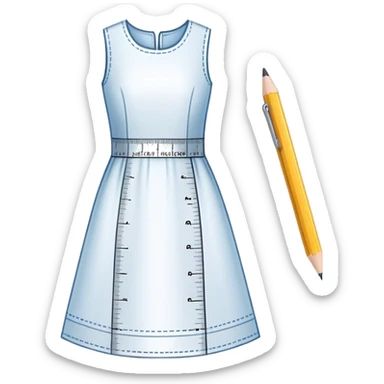 Icon for Fashion Design: a dress pattern with measurements, a ruler, and a pencil. The icon should represent the process of designing clothing with a focus on precision and tailoring. Transparent background. sticker