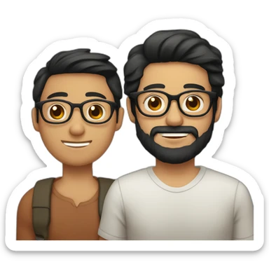 Gay couple of a 32 years old Colombian man with beard and glasses, black hair and brown holding hand with a Vietnamese man, 21 years old, NO BEARD, with old style glasses sticker