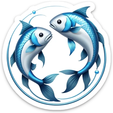 The zodiac symbol Pisces. Two fish in a “yin-yang” formation. One fish’s head is facing the other fish’s tail, and vice versa forming a hoop sticker