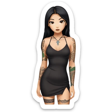 Beautiful and fit Asian girl with long black hair and body tattoos sexy pose in sexy mini black dress sfw sticker
