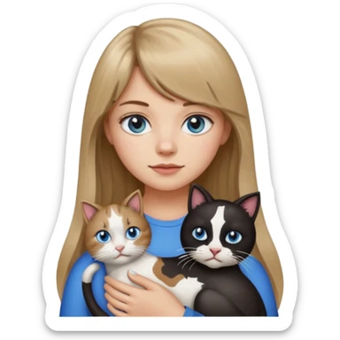 Apple-style emoji sticker of a young woman with long dark blond hair and bang, blue eyes , holding a cat black and white like a cow patch on her chest.  sticker