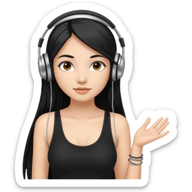 a fair indian girl with straight black long hair, wearing a black cami top. and wearing silver  headphones on sticker