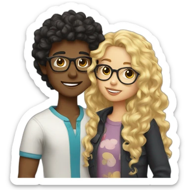 boy with curly blonde hair and glasses kissing girl with wavy black hair and glasses sticker