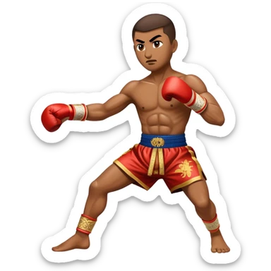 Cinematic Realistic Traditional Muay Thai Emoji, depicted as an intense dynamic martial arts scene featuring a fighter in traditional Muay Thai stance and attire, rendered with rich textures and energetic dramatic lighting that captures the sport's raw power. sticker