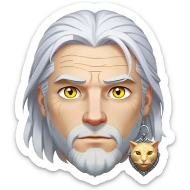 Geralt of Rivia with white hair, yellow cat eyes, and witcher medallion sticker