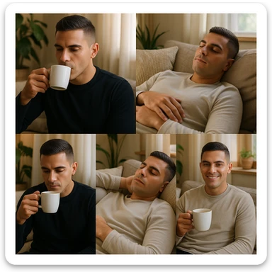Create 5 variants of an adult man inspired by the face in the reference photo. The man is drinking coffee in some images and lying down for a 20-minute afternoon nap to regain energy in others. The setting is relaxed with natural light and a wellness atmosphere. Focus on a calm, peaceful mood with natural lighting and a cozy environment. sticker