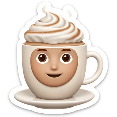 A 3D cartoon cappuccino cup with thick milk foam and light cocoa dust, no saucer, smooth ceramic texture, warm soft lighting, Memoji-style. sticker