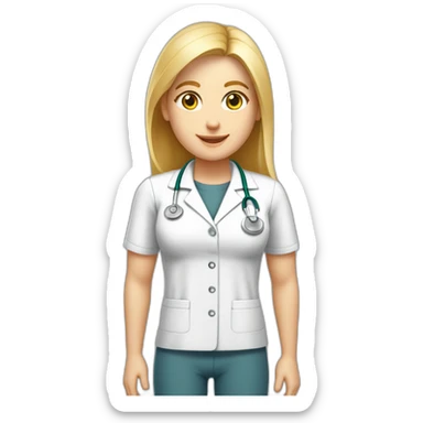 Crea un avatar de medio cuerpo de una nutricionista rubia con ojos grandes y de color gris, cara fina, pelo rubio y largo, ojos grises, uniforme blanco, no incluí ningún elemento médico  sticker