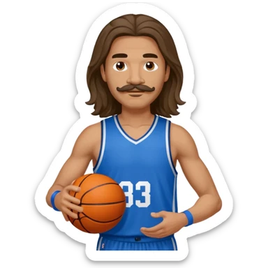 long haired man basketball player blue jersey with mustache holding basket ball sticker