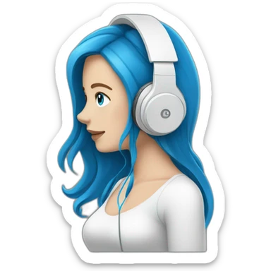 brunette white girl with long hair blue eyes listening to music with her phone in her hand with white wired headphones  sticker