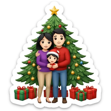 Generate Christmas-style emojis  family. Where light-skinned people stand near the tree all together, hugging and smiling. 2 girl should be Light-haired woman, 1 woman black-haired woman, and 1 man  sticker