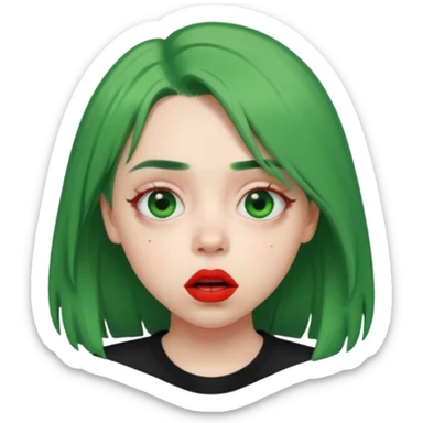 girl with green hair like Billie Eilish and red lipstick, surprised expression sticker
