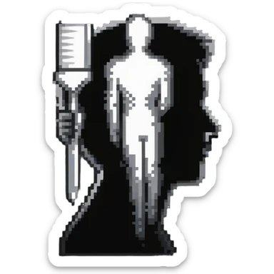 A paintbrush transforming into a silver metallic human silhouette emblem, symbol of artistic identity, with a polished finish sticker