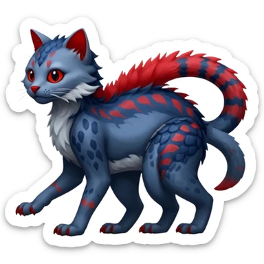midnight blue-gray-black, with red markings, white belly, scaley scaly batty feline-like quadrupedal digitigrade furry feral Bastet-Noibat-Gatomon-Garchomp-Digimon-Fakémon-Pokémon-creature (full body) sticker