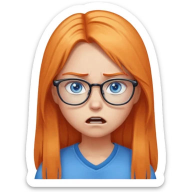 a girl with blue eyes, glasses and light orange long hair angry sticker