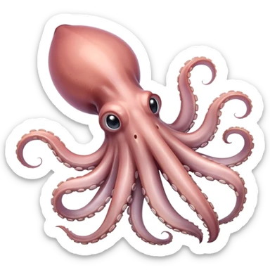 whole squid, pale pinkish-grey, semi-translucent, tapered body, fins, tentacles curled, suction cups, fresh, glossy, anatomically correct, soft lighting, subtle shadows, no plate, no tools, no faces, transparent background, emoji scale sticker