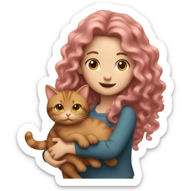girl with long pink wavy hair, fair skin, holding a brown cat sticker