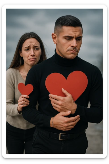 un uomo italiano in abiti casual si allontana da una donna che cerca di abbracciarlo. Lui stringe al petto un grande cuore rosso, mentre lei ne tiene uno più piccolo; entrambi hanno espressioni tristi, e la distanza emotiva è sottolineata da uno sfondo sfocato e freddo. sticker