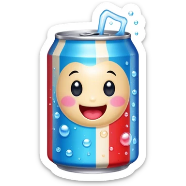 Cute Kawaii Soda Can, bubbly and vibrant, bright red and blue stripes, playful fizz popping around, a chubby happy face with wide sparkling eyes, energetic and refreshing! sticker