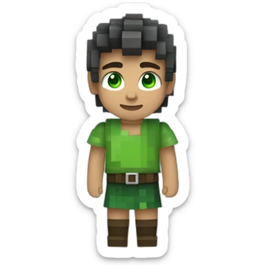 niño con pelo castaño, corto y de punta, vestido al estilo mincraft. con ojos verdes  sticker