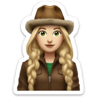 Realistic White girl with Long straight blonde hair, green eyes, tattoos, full body wearing Brown fur coat and fur hat and Brown leather boots sticker