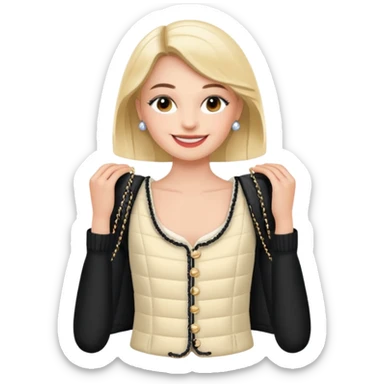 ma petite sœur, qui prend un vêtement pour adultes chez Chanel et la sticker