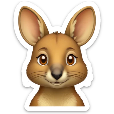 Cinematic Noble Wallaby Portrait Emoji, Poised and regal, with a compact, agile build and a soft, well-groomed fur of warm tan and light brown hues, deep-set soulful amber eyes and perky ears, Simplified yet sharp and sophisticated features, highly detailed, glowing with a soft, dignified glow, high shine, intelligent and spry, stylized with an air of bushland elegance, focused and attentive, soft glowing outline, capturing the essence of a watchful and confident marsupial, so majestic it feels as though it could hop out of the screen with effortless authority! sticker