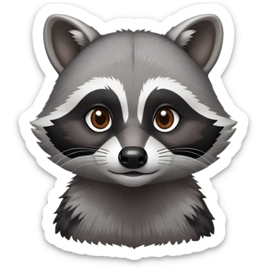 Cinematic-Noble-Raccoon-Portrait-Emoji – Poised and confident, with a sturdy build and a beautifully textured fur of silver-grey accented by dark black facial markings, deep-set, intelligent brown eyes, simplified yet sharp and sophisticated. sticker