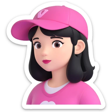 3D Disney style emoji of a girl with black hair, wearing a pink hat, looking sideways, referencing the provided image sticker