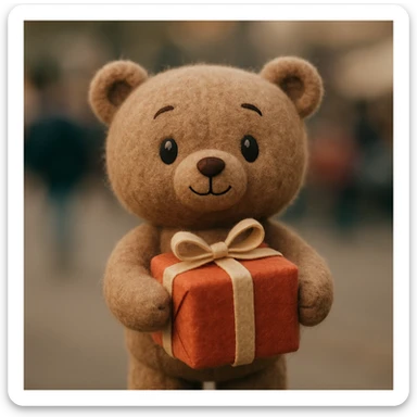 a plush toy holding a present in plush portrait style sticker