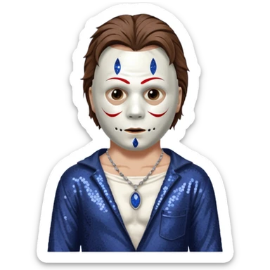 Michael Myers with white mask with brown hair, indigo sequin baggy pants, shirtless with necklace sticker