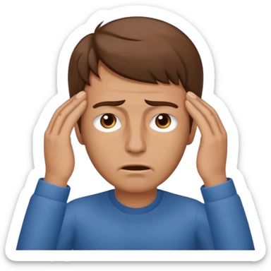  iOS emoji style - A stressed man stands and messages his temples. He has brown hair. Stress sticker