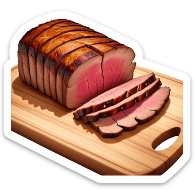 Cinematic smoked brisket, deep mahogany crust, perfectly sliced to reveal juicy marbled meat, warm smoky aroma, served on a wooden board, rich and flavorful, ultra-detailed and appetizing. sticker