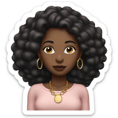 Black girl with long black straight hair and light pink lipstick with gold hoop earrings and and a gold necklace  sticker