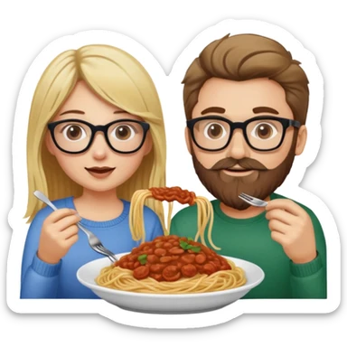 Blonde Caucasian girl eating spaghetti with Caucasian man with brown hair and beard wearing glasses sticker