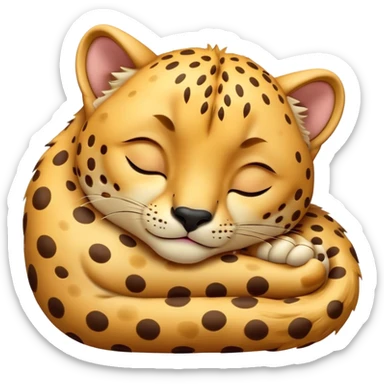 Meme-Worthy Cute Sleeping Cheetah Portrait Emoji, Head resting peacefully with a contented smile, showcasing a lean, muscular build and a luxuriously soft golden spotted Fur, eyes shut in a serene, restful nap, Simplified yet hilariously adorable features, highly detailed, glowing with a soft, drowsy light, high shine, relaxed and utterly lovable, stylized with an air of playful laziness, bright and heartwarming, soft glowing outline, capturing the essence of a comically sleepy cheetah, so meme-worthy it feels like it could instantly become the next viral sensation of adorable slumber! sticker